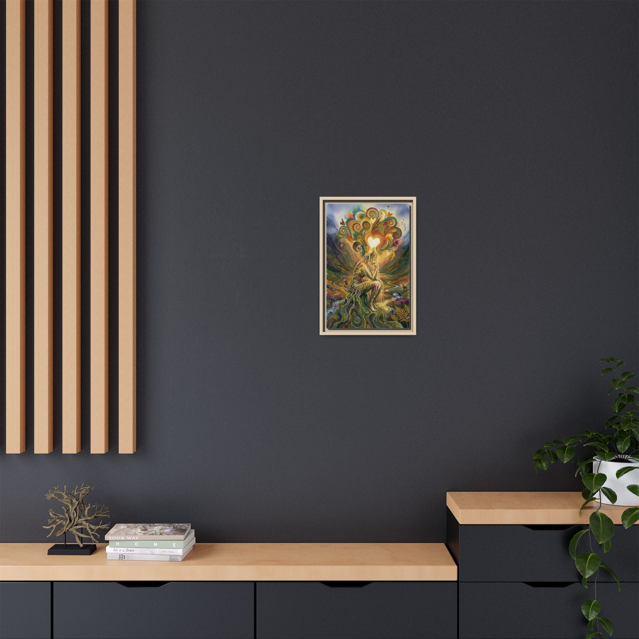Framed Matte Canvas Wall Art — Earth Spirit Embrace with Heart Light