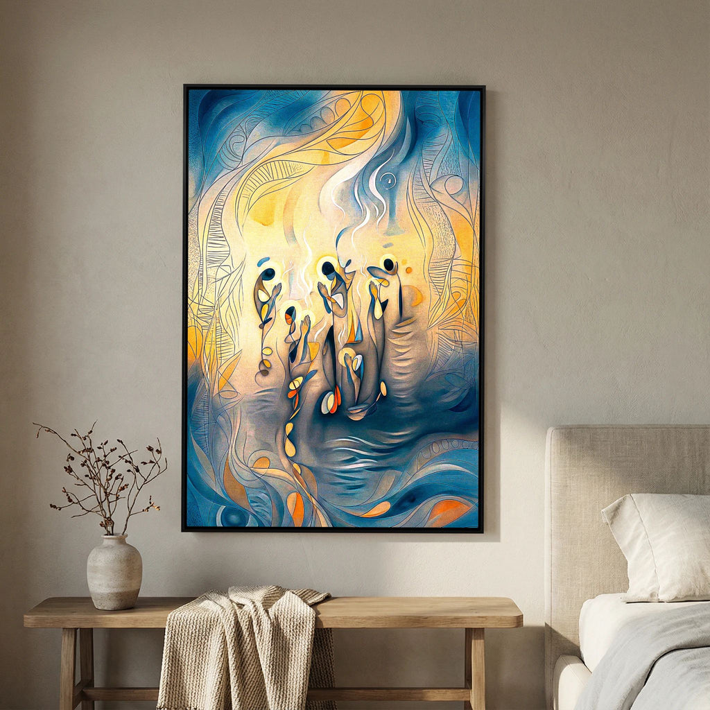 Ethereal Abstract Prayers Art Print Blue Gold Mystical Wall Décor Modern Meditation Illustration