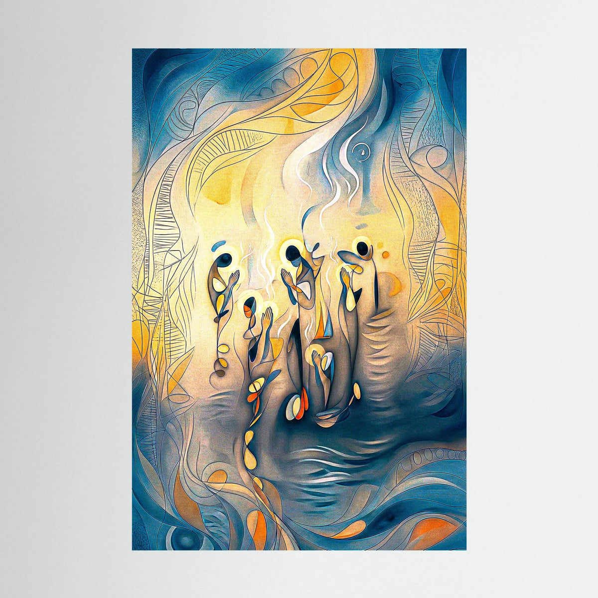 Ethereal Abstract Prayers Art Print Blue Gold Mystical Wall Décor Modern Meditation Illustration
