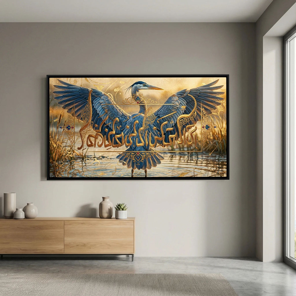Zen Bird Canvas Art - Abstract Calligraphy & Art Nouveau Heron - Surah Al-A'raf 43 Concept