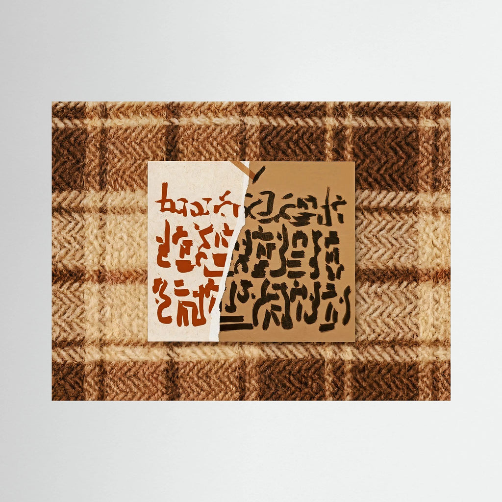 Abstract Calligraphy on Textured Plaid Wall Art – Earth Tones Framed Print