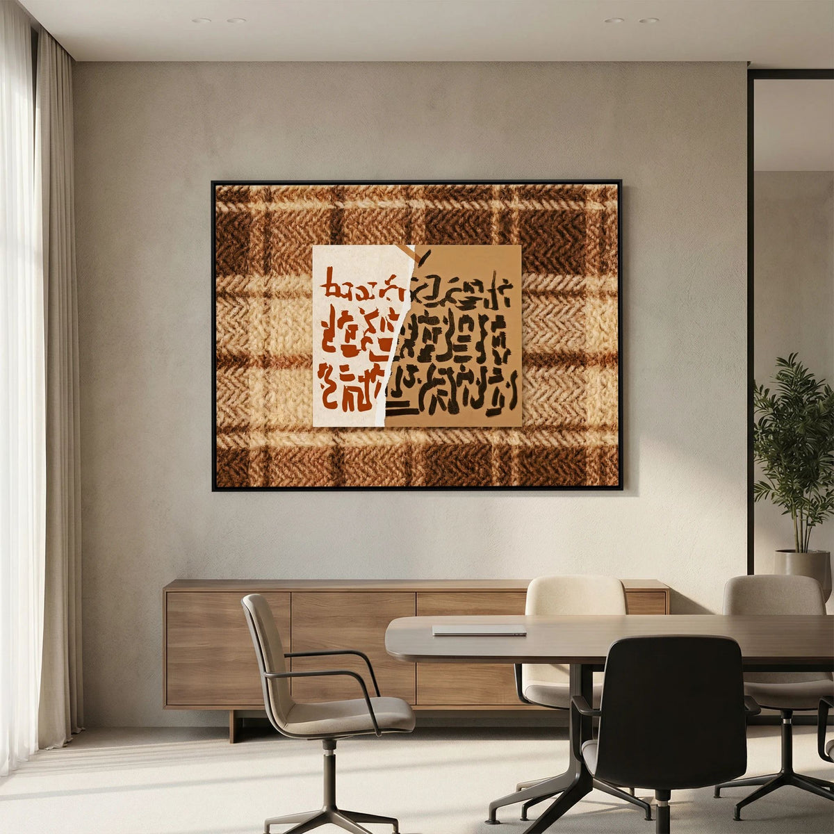 Abstract Calligraphy on Textured Plaid Wall Art – Earth Tones Framed Print
