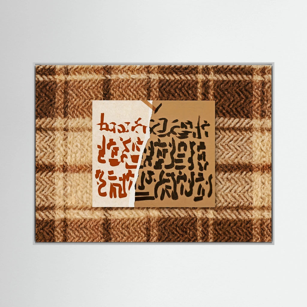 Abstract Calligraphy on Textured Plaid Wall Art – Earth Tones Framed Print