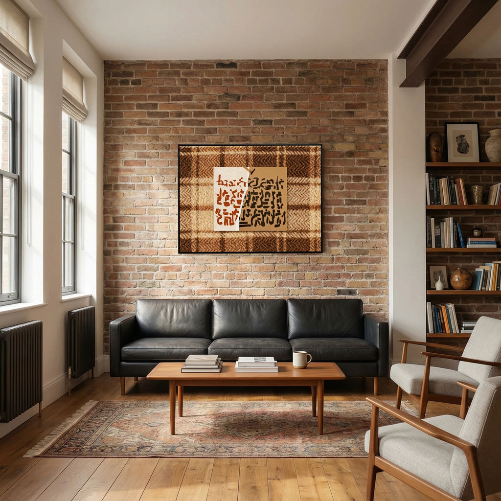 Abstract Calligraphy on Textured Plaid Wall Art – Earth Tones Framed Print