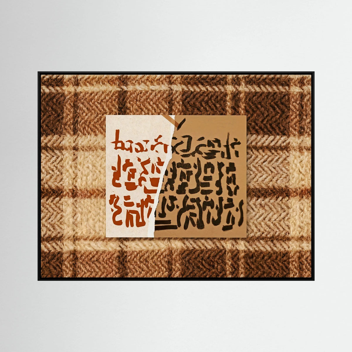 Abstract Calligraphy on Textured Plaid Wall Art – Earth Tones Framed Print