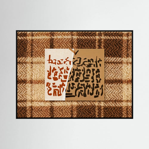 Abstract Calligraphy on Textured Plaid Wall Art – Earth Tones Framed Print