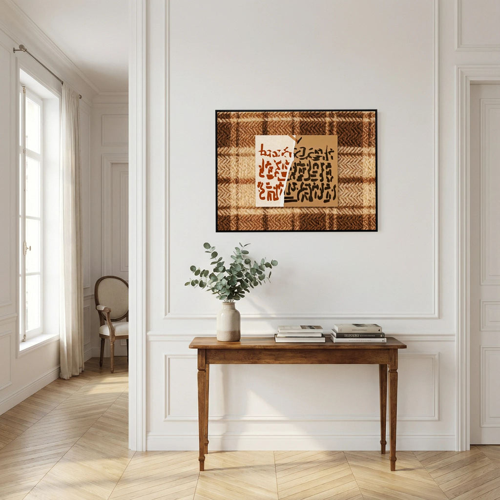 Abstract Calligraphy on Textured Plaid Wall Art – Earth Tones Framed Print
