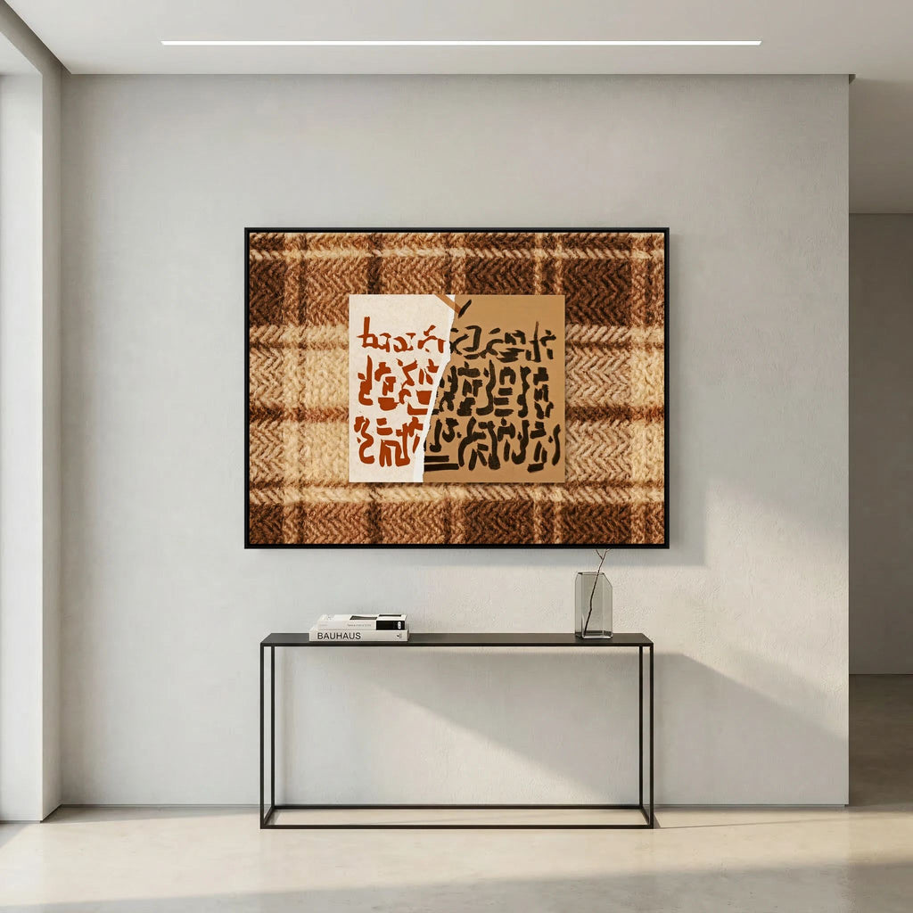 Abstract Calligraphy on Textured Plaid Wall Art – Earth Tones Framed Print