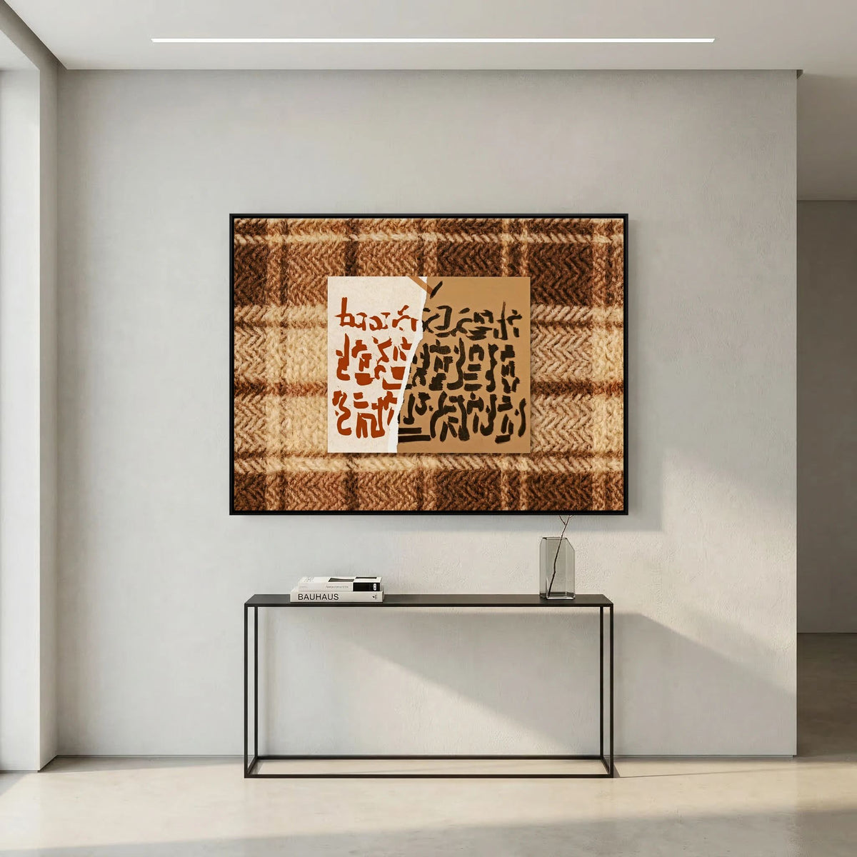 Abstract Calligraphy on Textured Plaid Wall Art – Earth Tones Framed Print