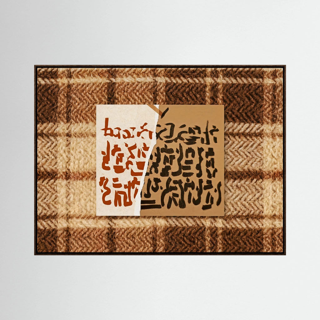 Abstract Calligraphy on Textured Plaid Wall Art – Earth Tones Framed Print