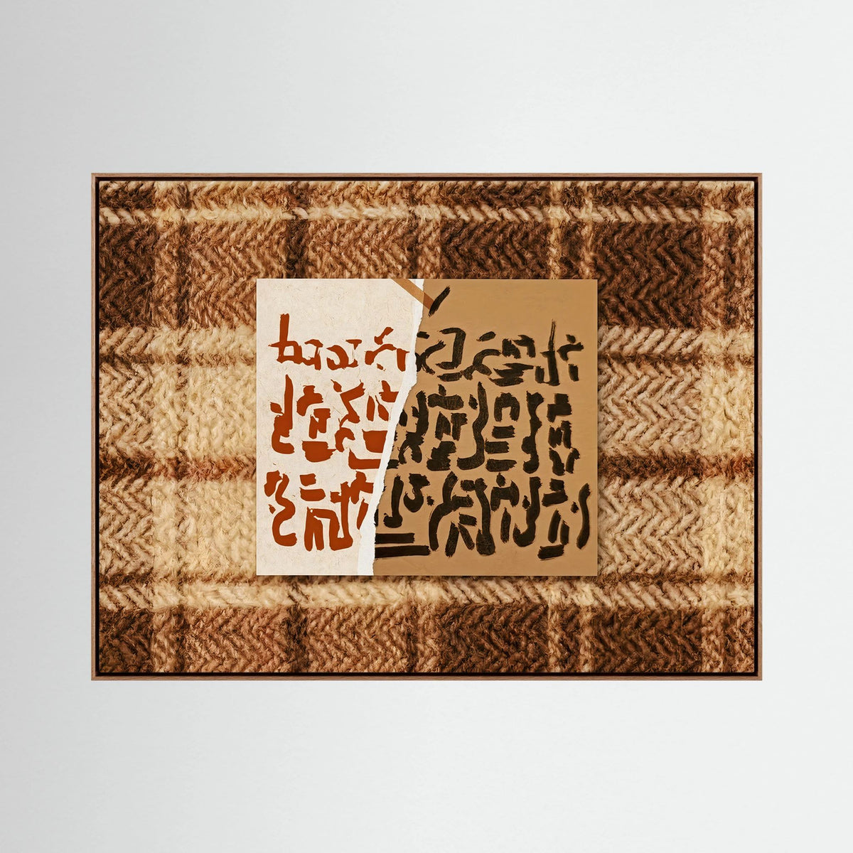Abstract Calligraphy on Textured Plaid Wall Art – Earth Tones Framed Print