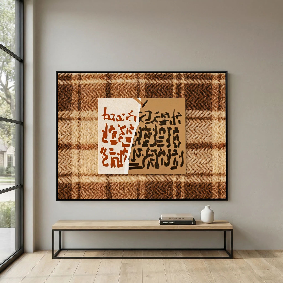 Abstract Calligraphy on Textured Plaid Wall Art – Earth Tones Framed Print