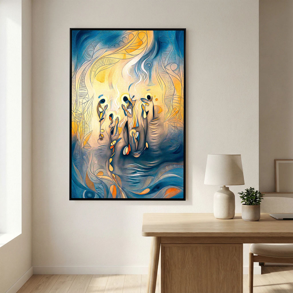 Ethereal Abstract Prayers Art Print Blue Gold Mystical Wall Décor Modern Meditation Illustration