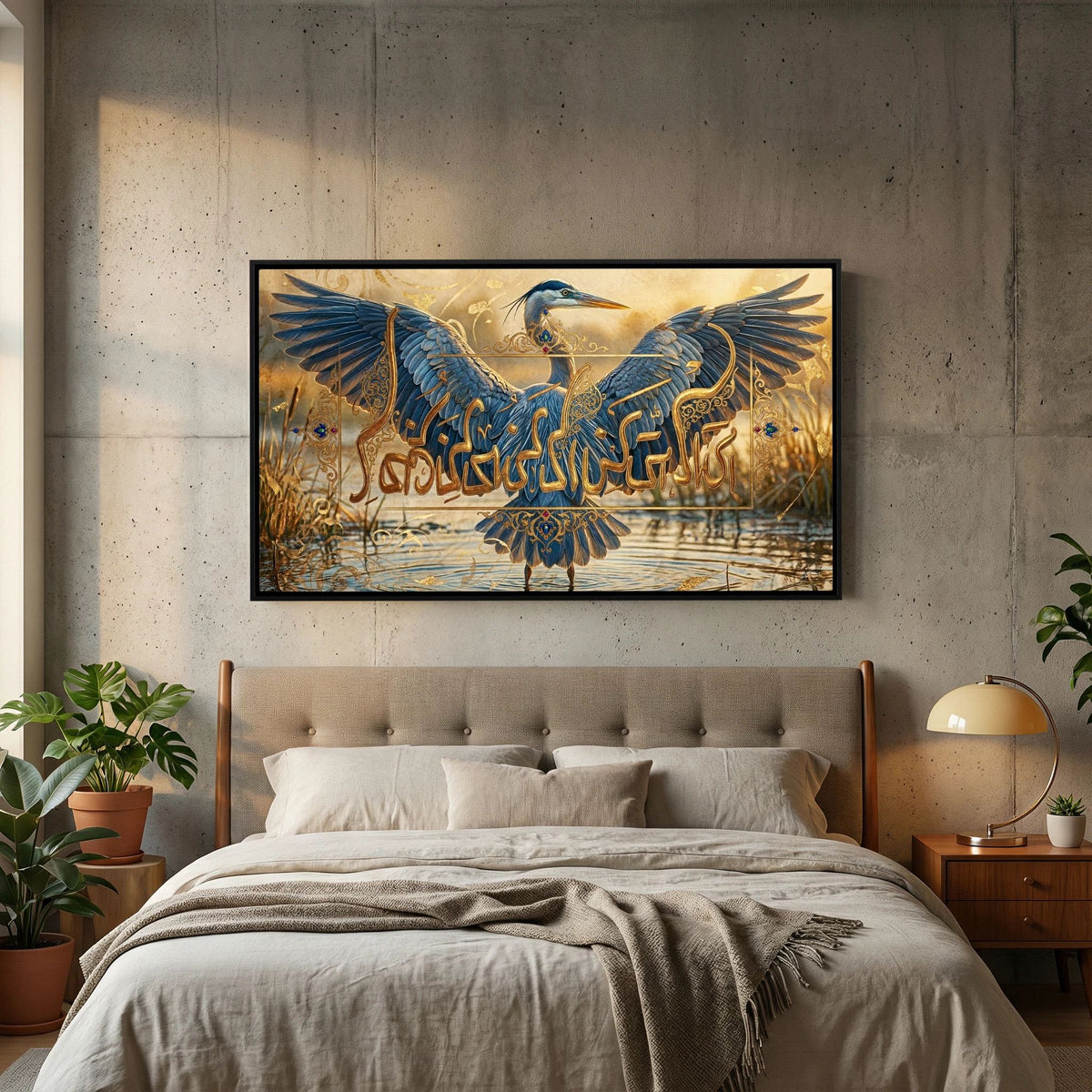 Zen Bird Canvas Art - Abstract Calligraphy & Art Nouveau Heron - Surah Al-A'raf 43 Concept