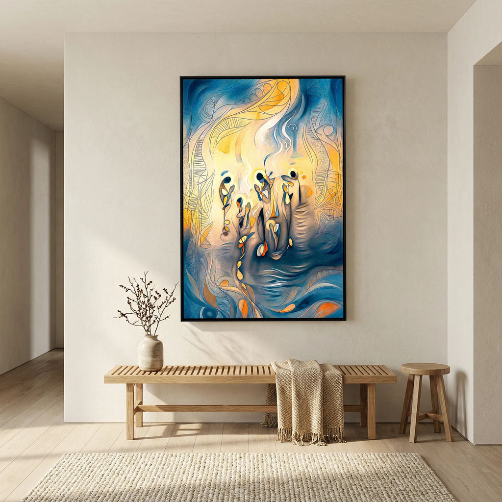 Ethereal Abstract Prayers Art Print Blue Gold Mystical Wall Décor Modern Meditation Illustration