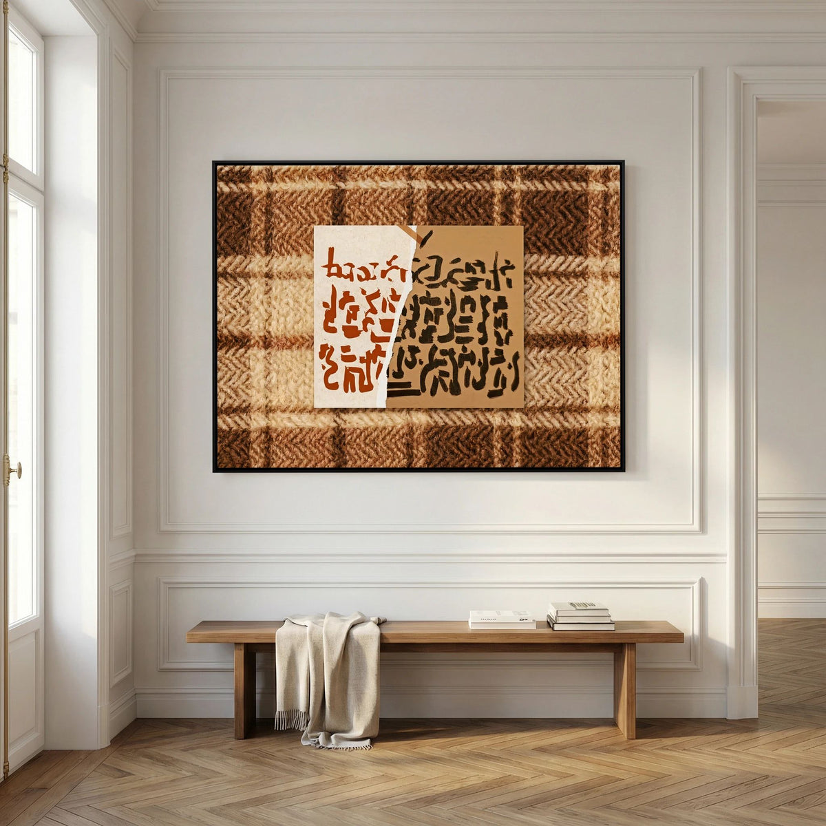 Abstract Calligraphy on Textured Plaid Wall Art – Earth Tones Framed Print